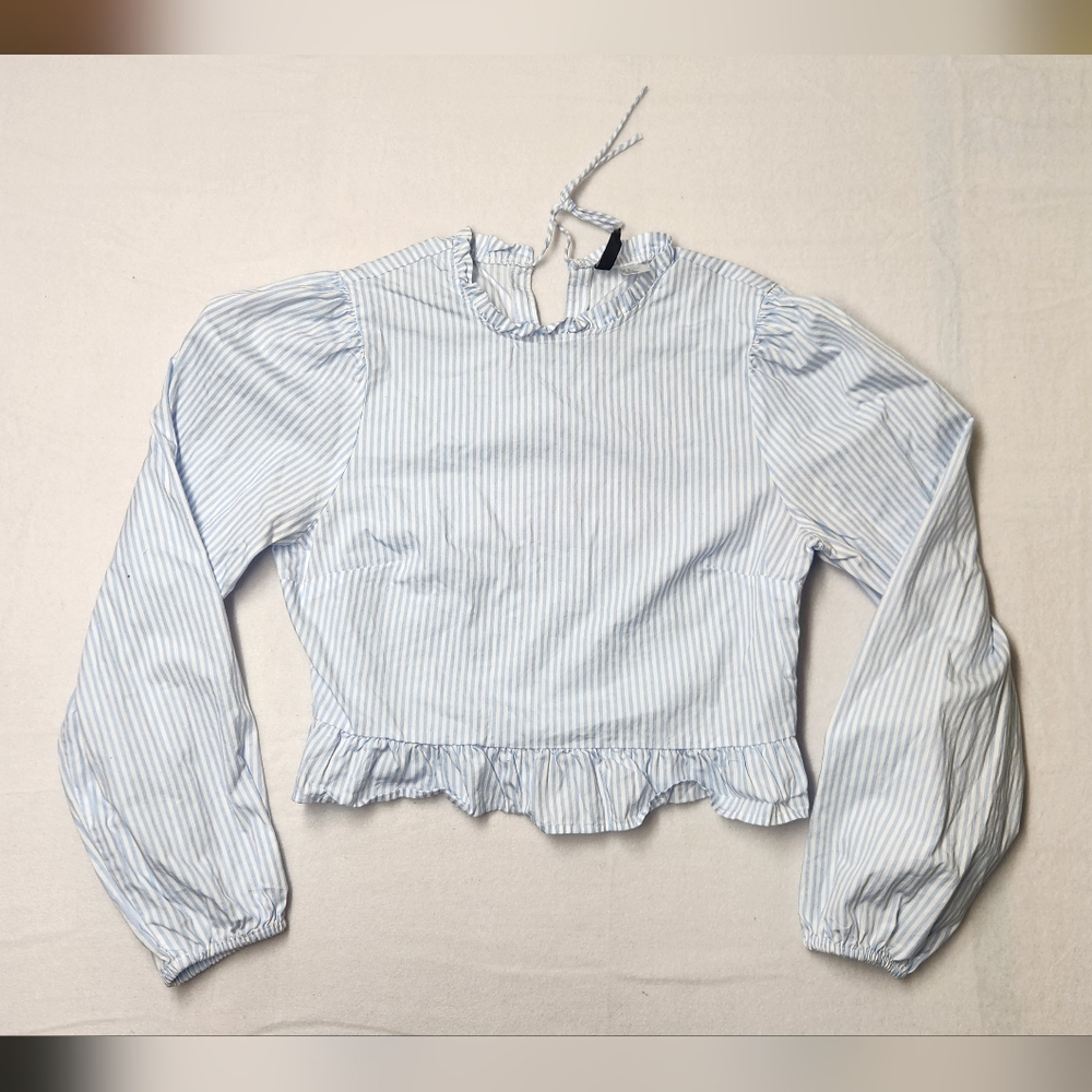 H&M Women's M Blue & White Striped Puff Sleeve Peplum 100% Cotton Blouse Boho